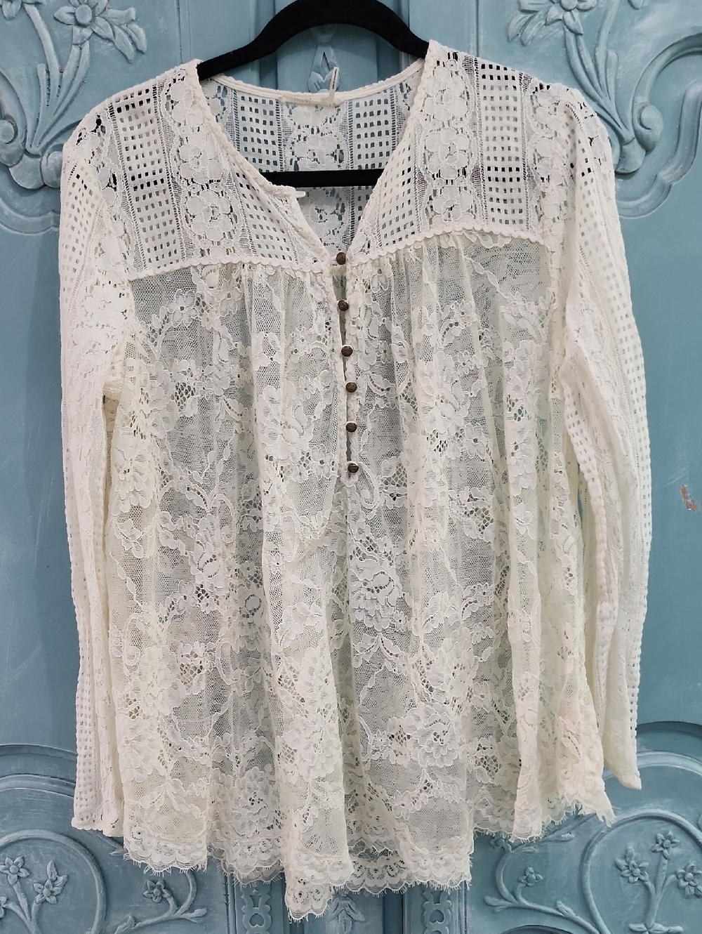 Floreat Anthropologie Sheer Lace Peasant Top - Cream